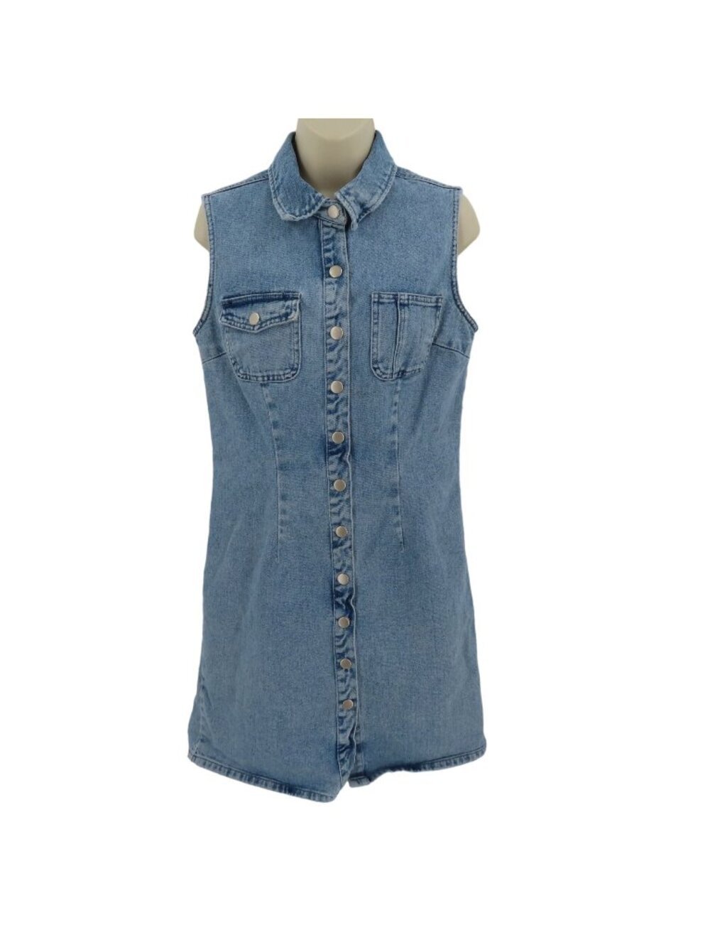 Newport News Jeanology Women 10 Collared Sleeveless Blue Denim Jean Snap Dress